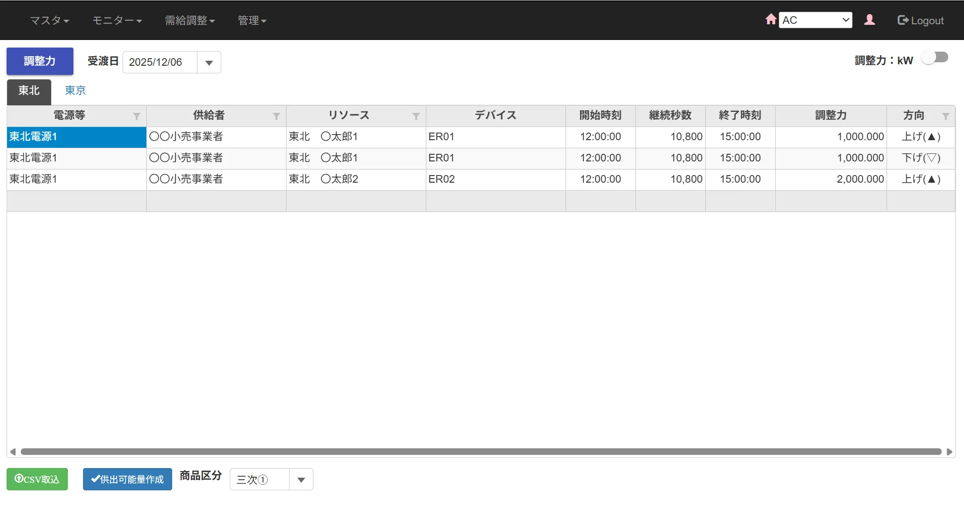 需給調整市場 ACシステムの管理画面イメージ